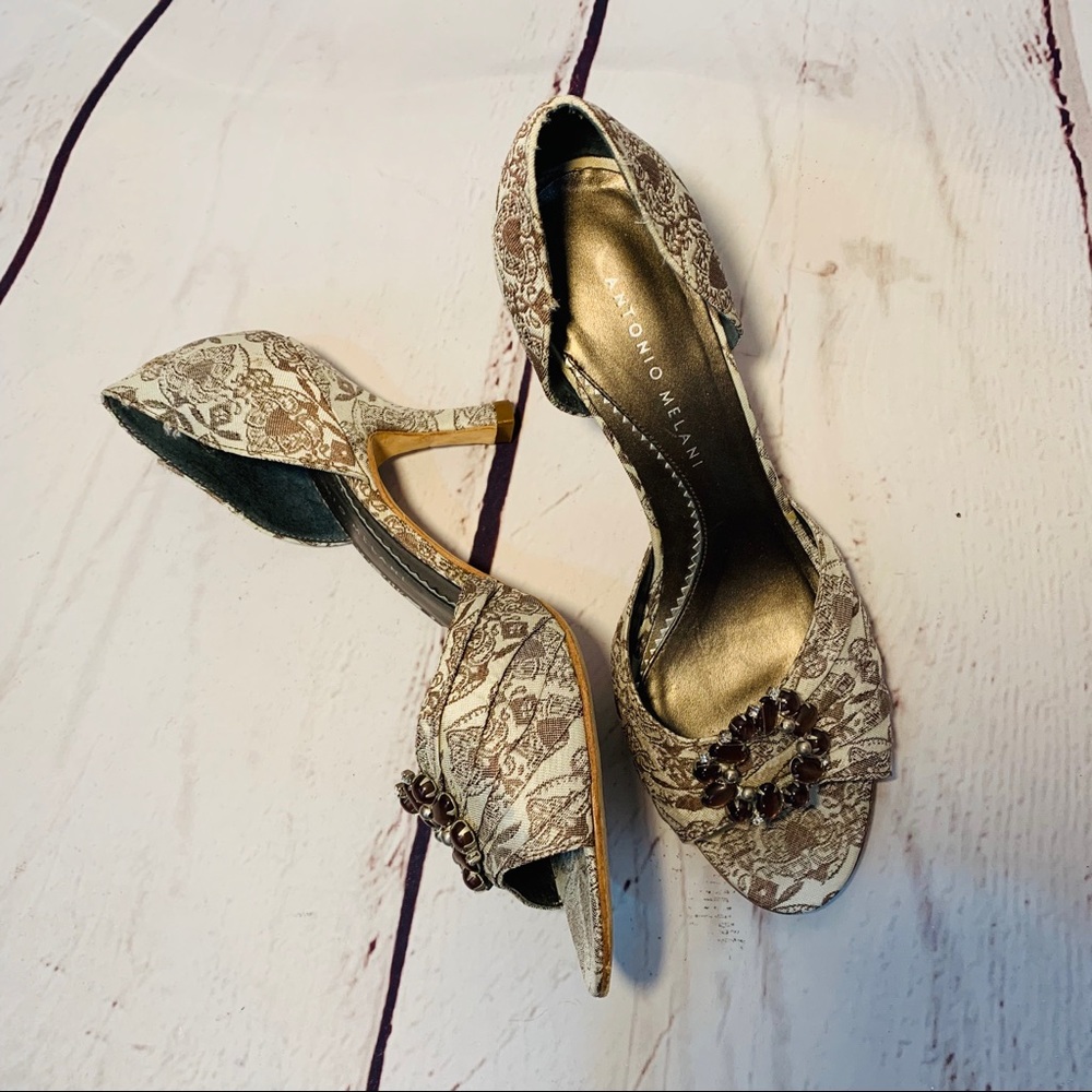 {ANTONIO MELANI} Brocade Peep Toe Broach Shoes
